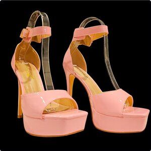 Pink Patent Platform Stiletto Heels With Ankle Strap Open Toe Square Sole Design